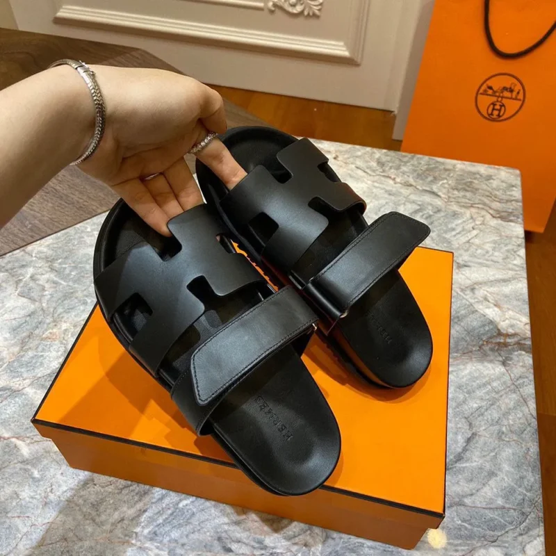 Hermes Calfskin Sandals Black For Men (LAB449)